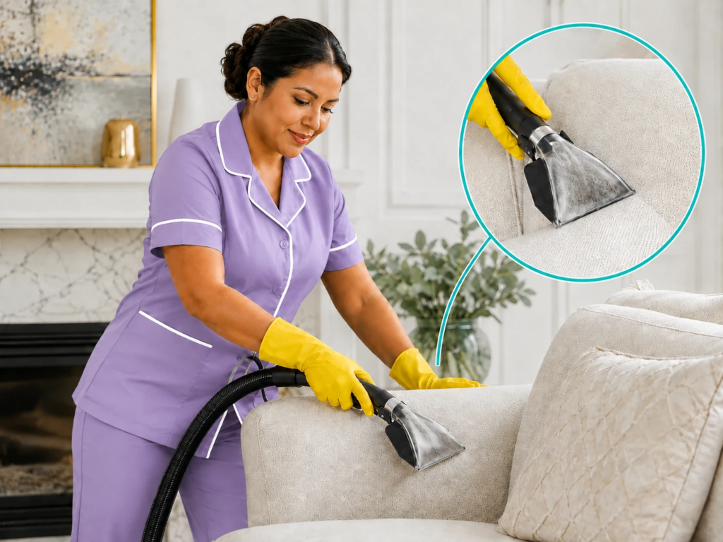 Vacuuming a sofa during a residential cleaning - Professional Cleaning Service in Jacksonville, Florida, United States, FL by Jaymak Enterprise L.L.C